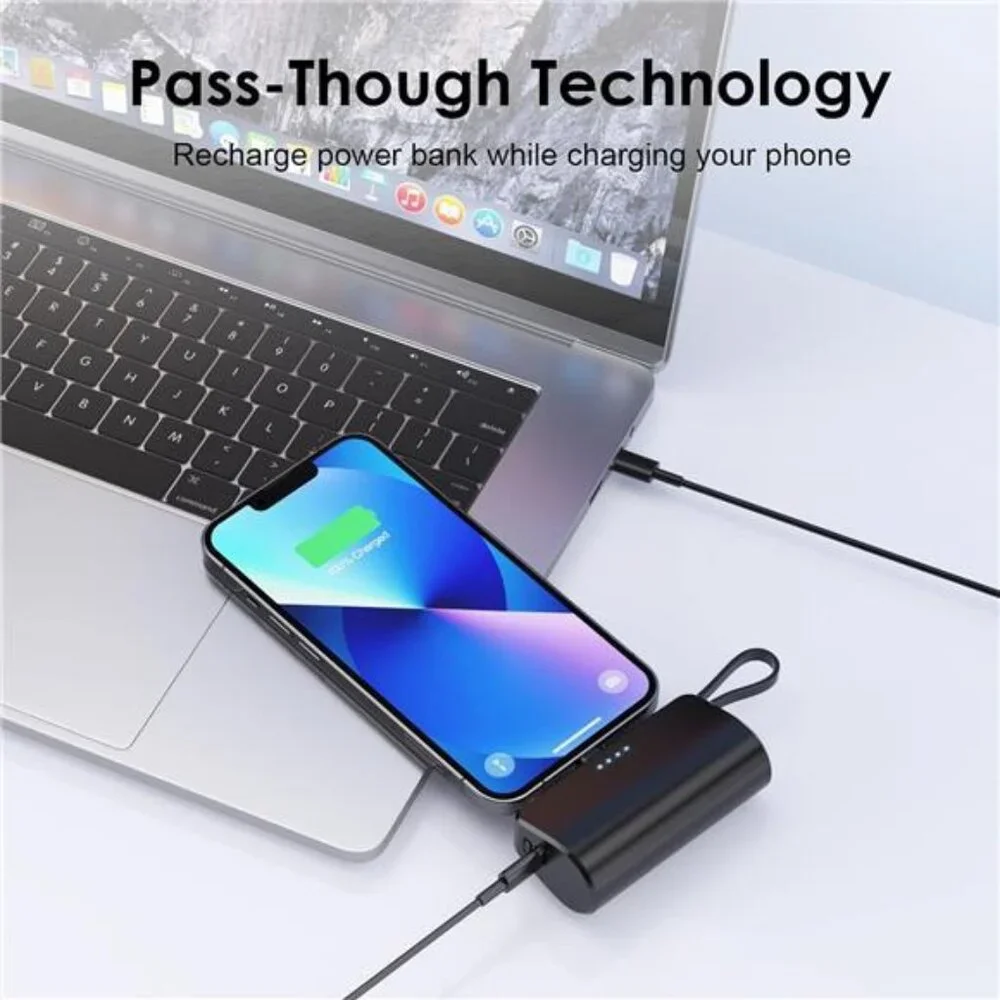 Small Portable Charger 5200 mAh Ultra-Compact Power Bank with Built-in Cable